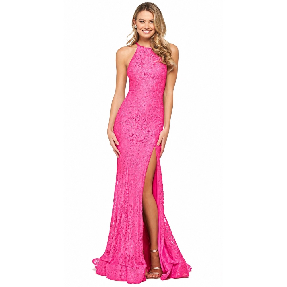 Sherri Hill 53361 Bright Pink Beaded Lace Halter Gown Dress Size 10 NWT